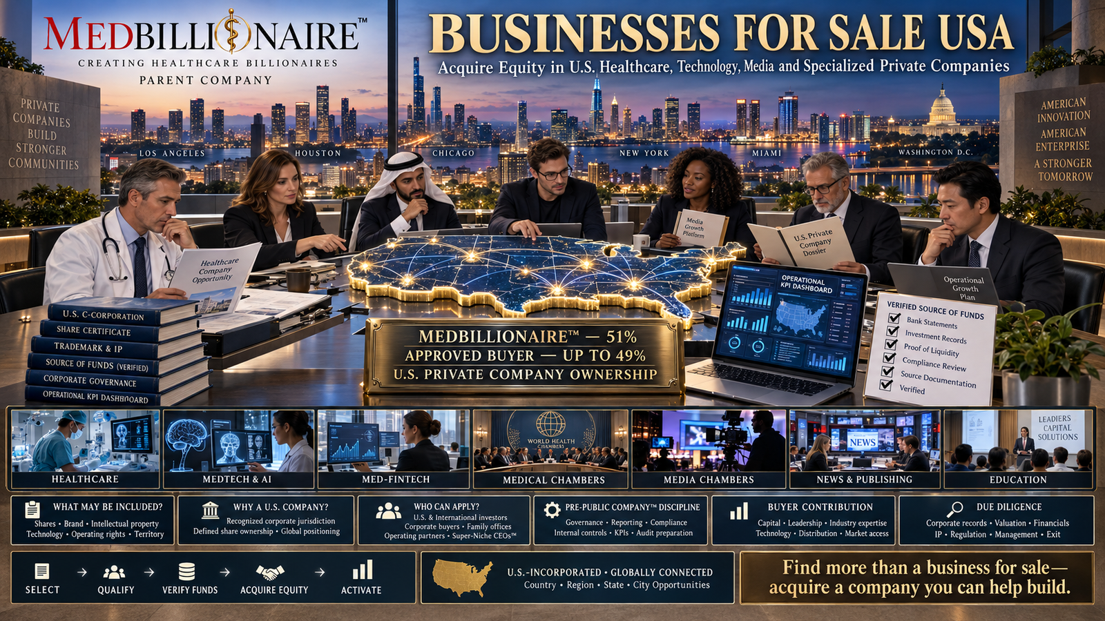 Businesses for Sale USA, Acquire Equity in U.S. Healthcare, Technology, Media and Specialized Private Companies Through MedBillionaire™